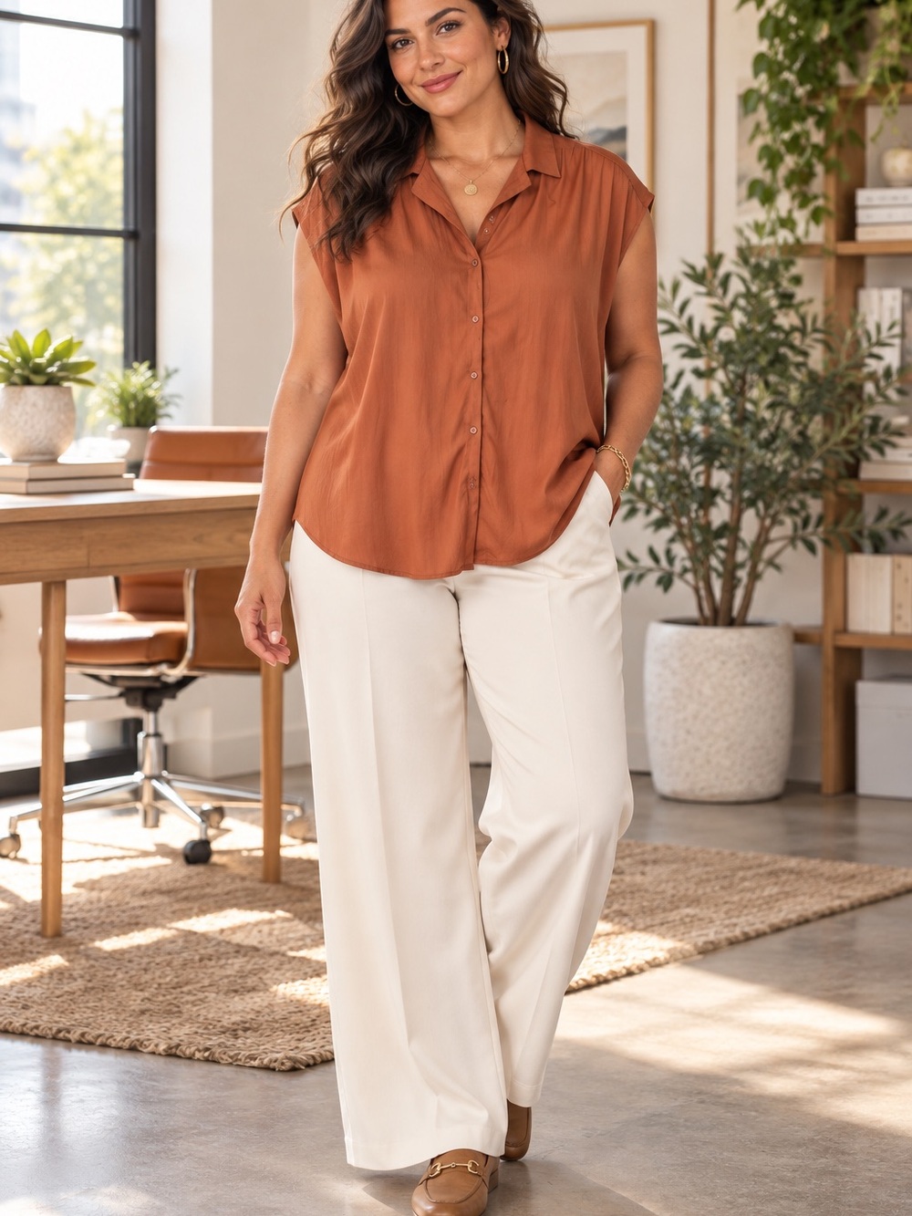 Premise Women's Sleeveless Button-Up Blouse in Rust Orange, Size Large